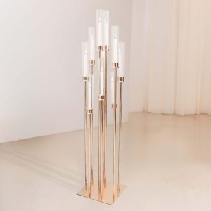 10-Arm Gold Cluster Taper Candle Holder with Clear Glass Shades 50" - Stylish Large Candle Arrangement for Events